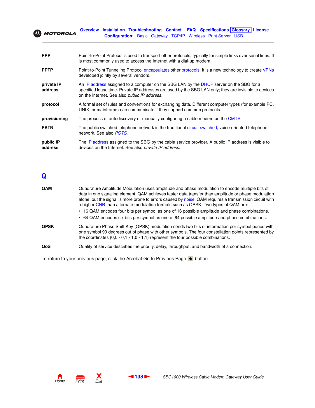 Motorola SBG1000 manual 138, Pptp, Pstn, Qam, Qpsk 