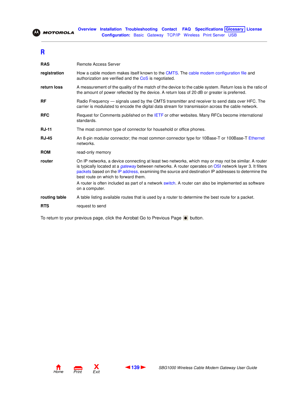 Motorola SBG1000 manual 139, Ras, Rfc, Rom, Rts 