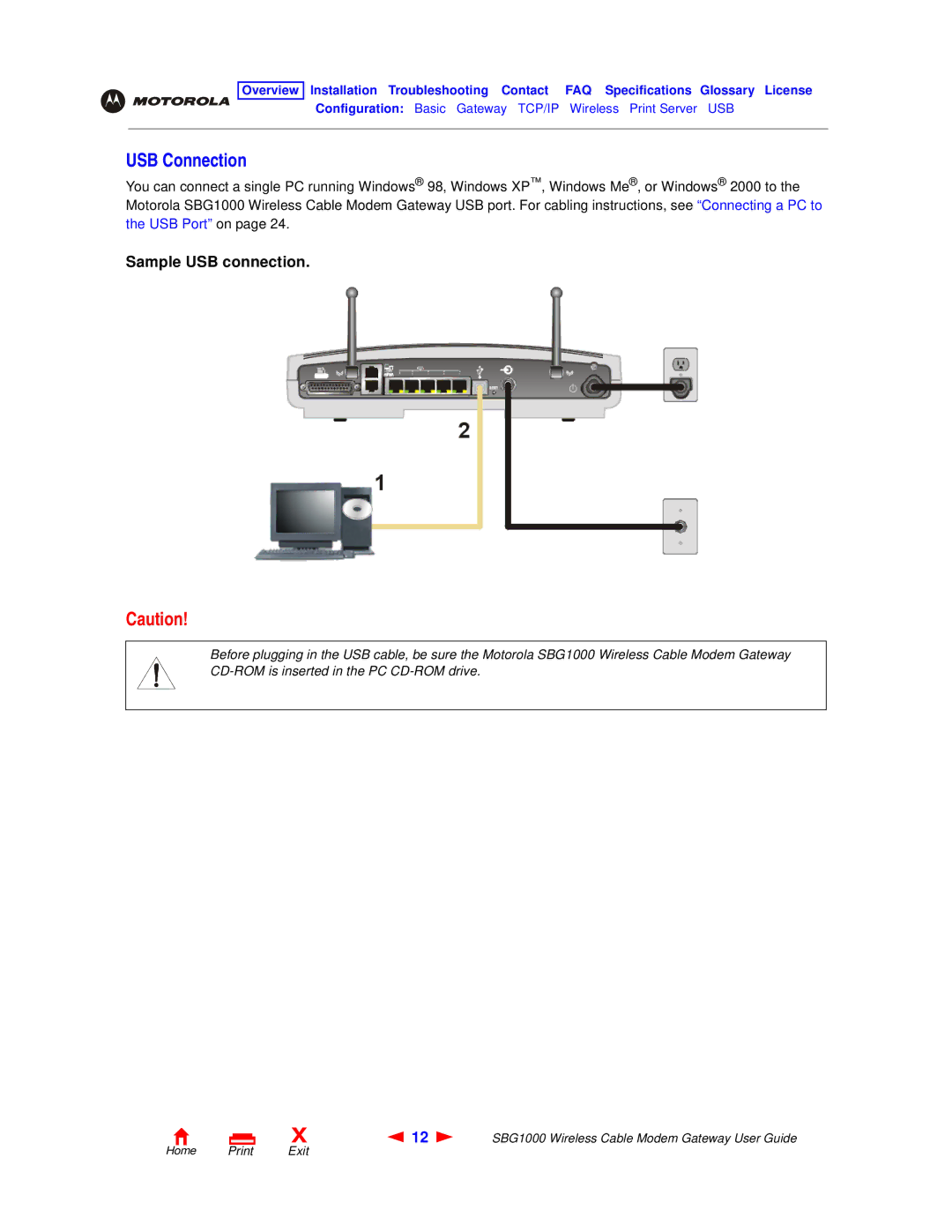 Motorola SBG1000 manual USB Connection, Sample USB connection 