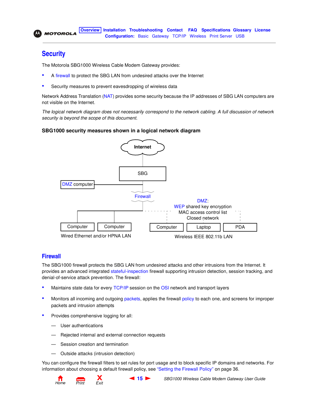 Motorola SBG1000 manual Security, Firewall, Internet 