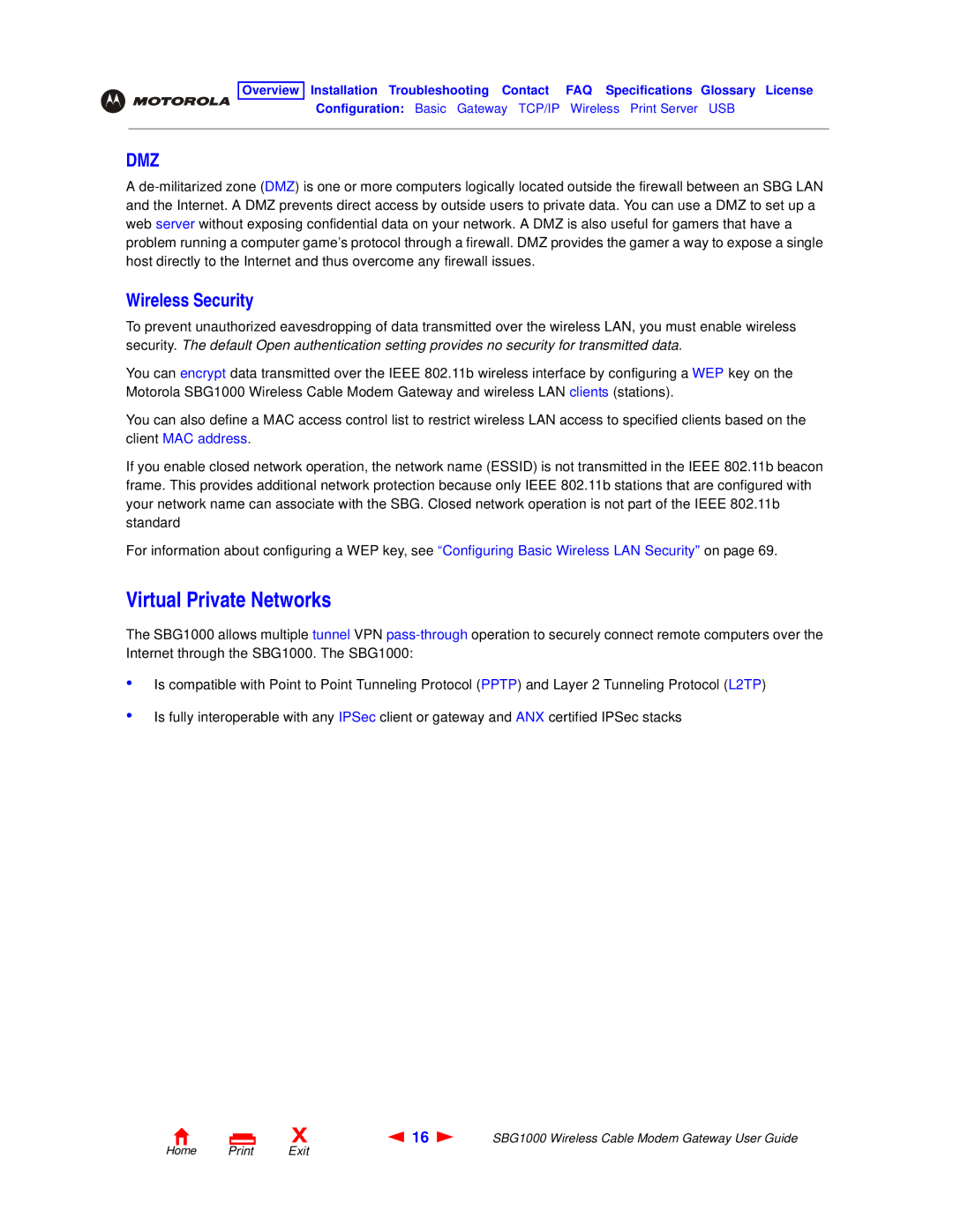 Motorola SBG1000 manual Virtual Private Networks, Wireless Security 