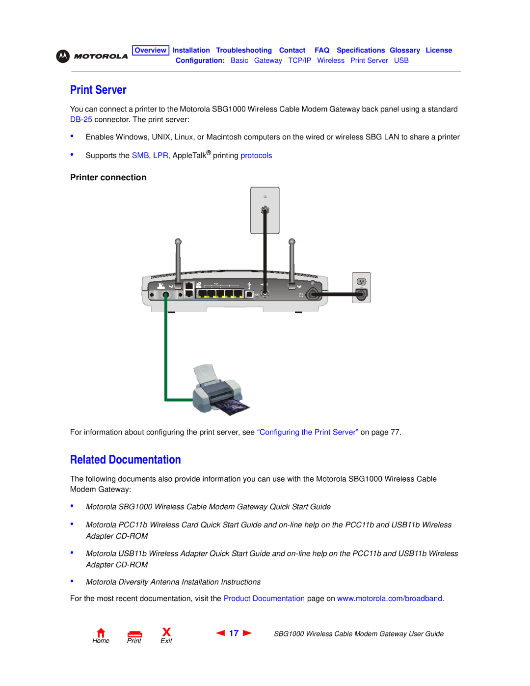 Motorola SBG1000 manual Print Server, Related Documentation 