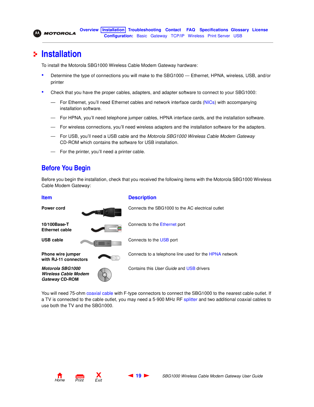 Motorola SBG1000 manual Installation, Before You Begin, Contains this User Guide and USB drivers 