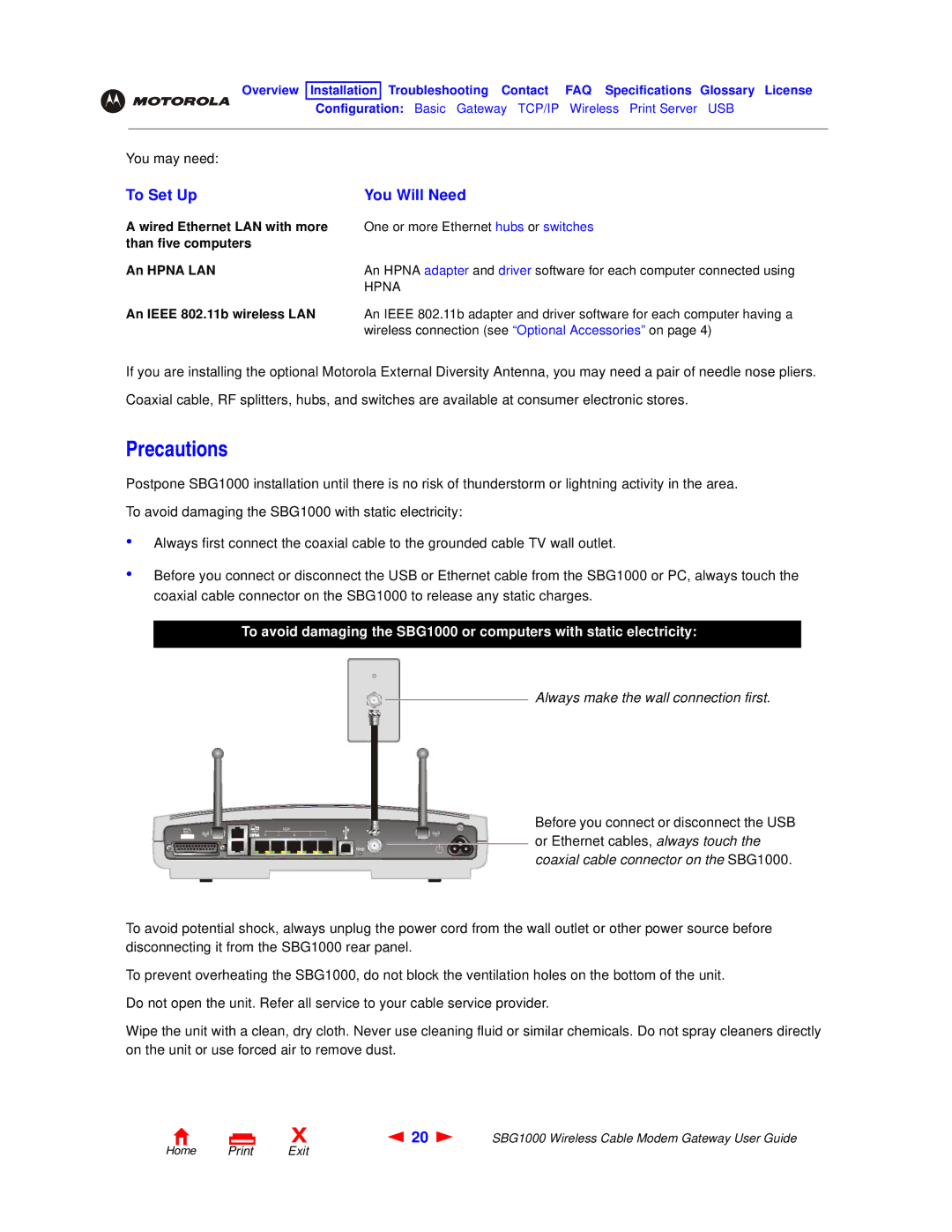 Motorola SBG1000 manual Precautions, To Set Up You Will Need, Wired Ethernet LAN with more, Than five computers An Hpna LAN 