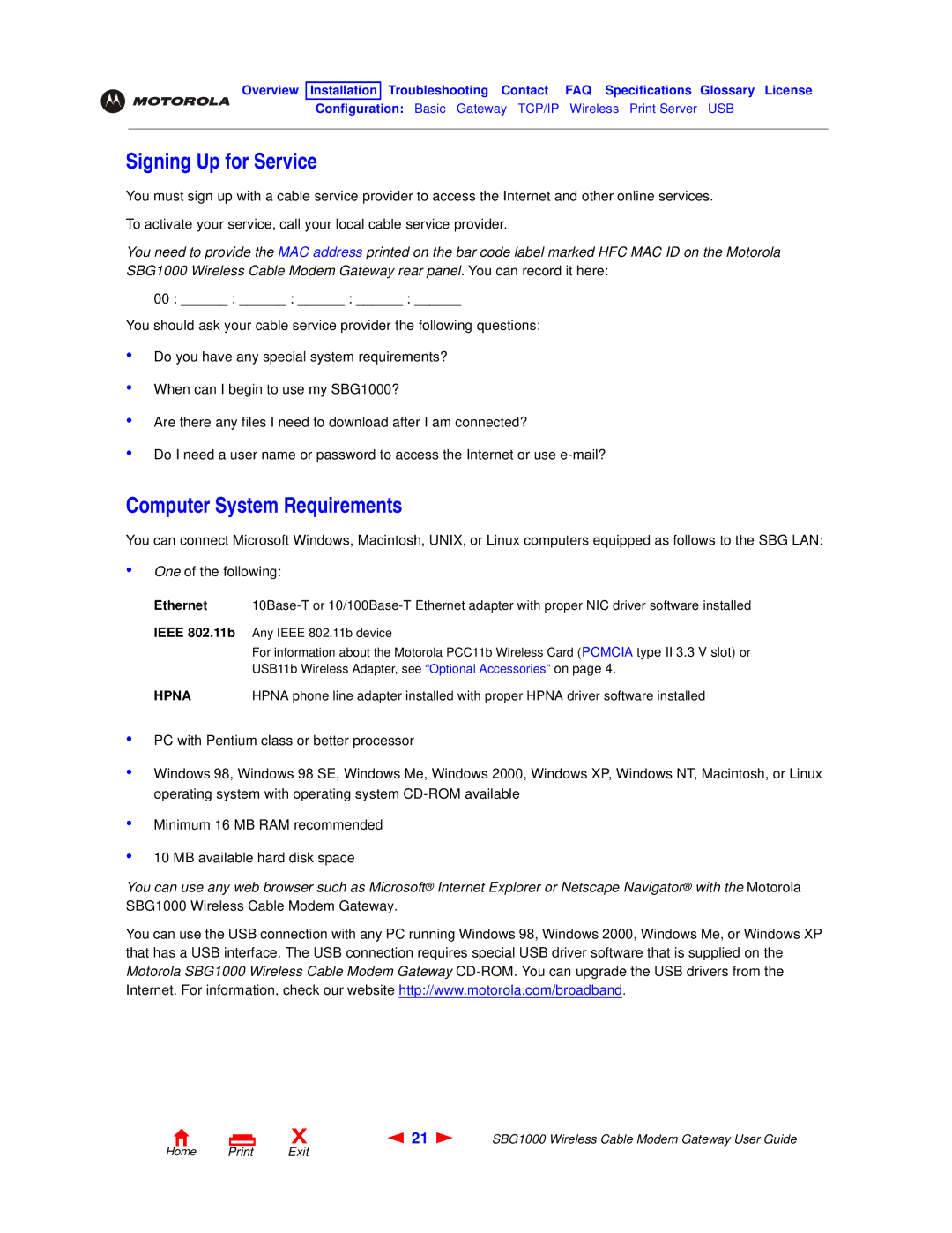 Motorola SBG1000 manual Signing Up for Service, Computer System Requirements, Hpna 