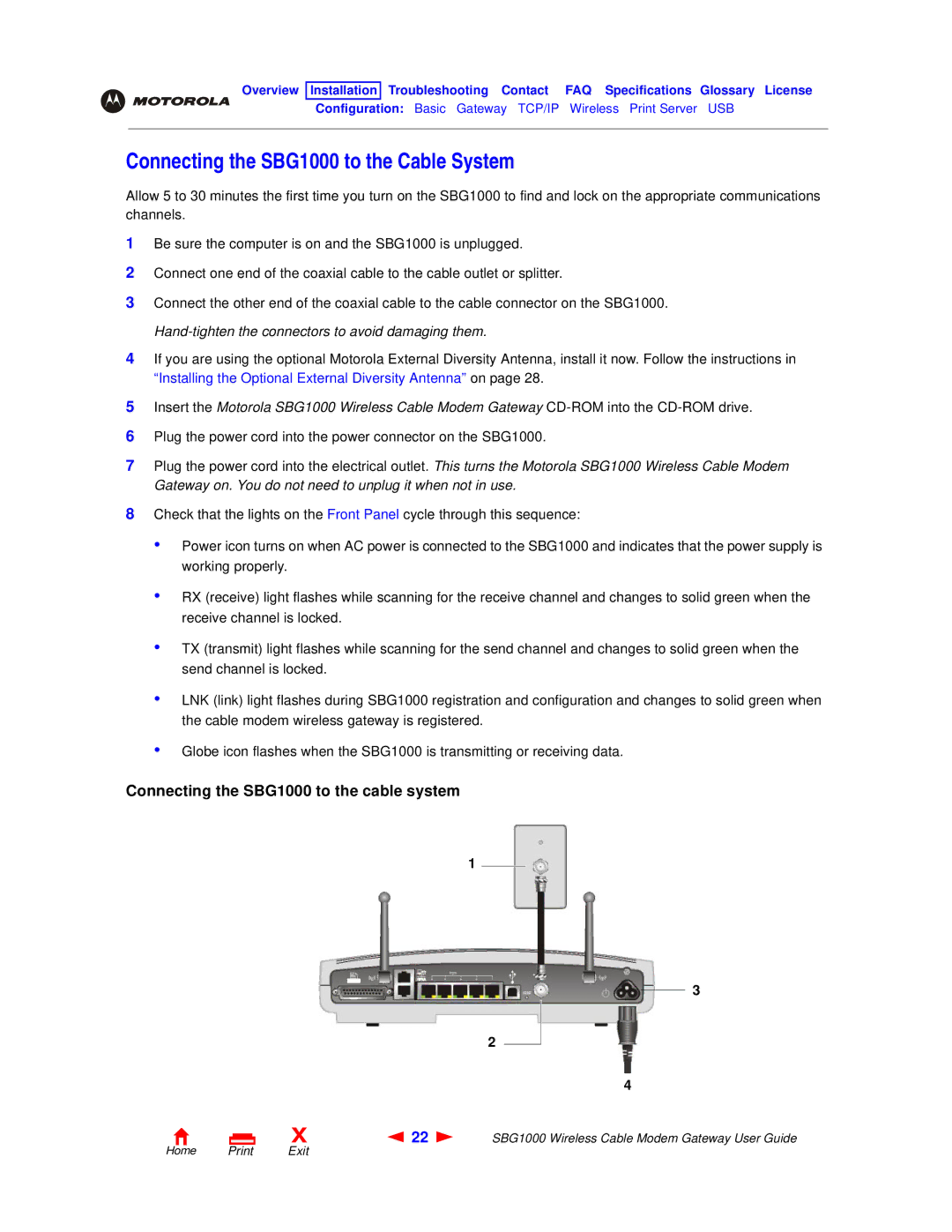 Motorola manual Connecting the SBG1000 to the Cable System, Connecting the SBG1000 to the cable system 