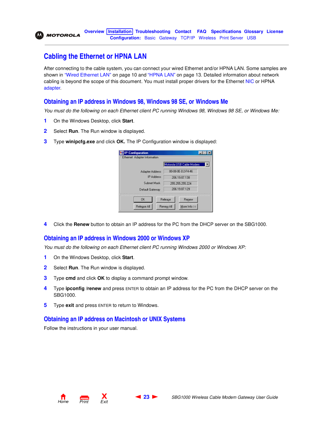 Motorola SBG1000 manual Cabling the Ethernet or Hpna LAN, Obtaining an IP address in Windows 2000 or Windows XP 