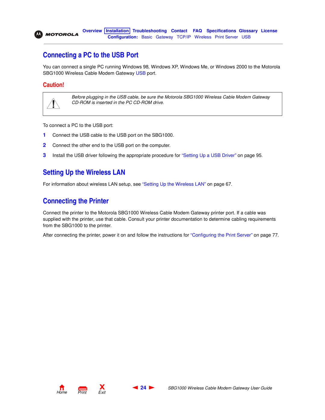 Motorola SBG1000 manual Connecting a PC to the USB Port, Setting Up the Wireless LAN, Connecting the Printer 