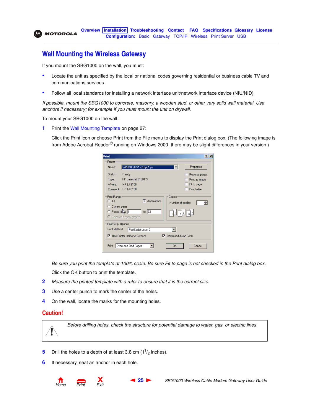 Motorola SBG1000 manual Wall Mounting the Wireless Gateway, Print the Wall Mounting Template on 