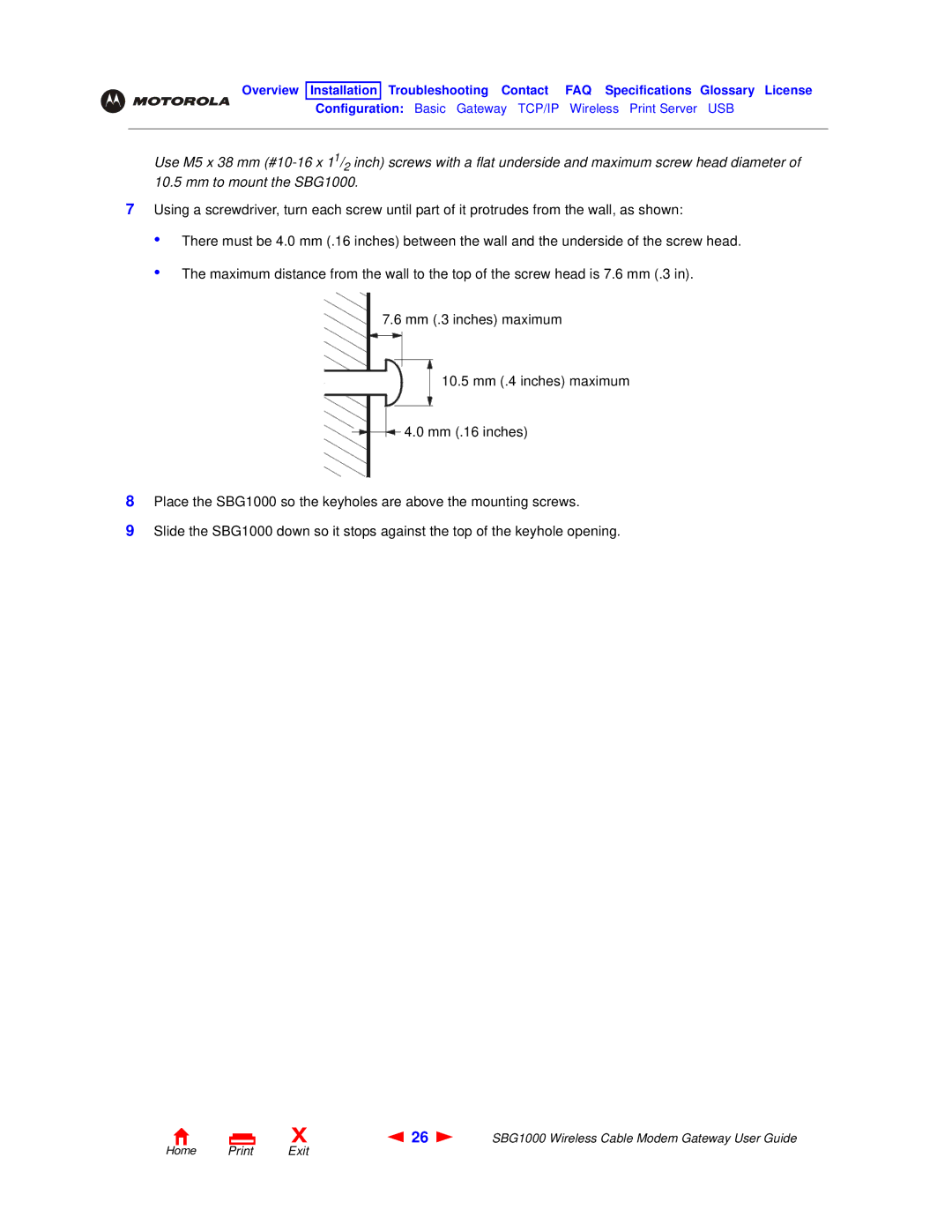 Motorola SBG1000 manual Home Print Exit 