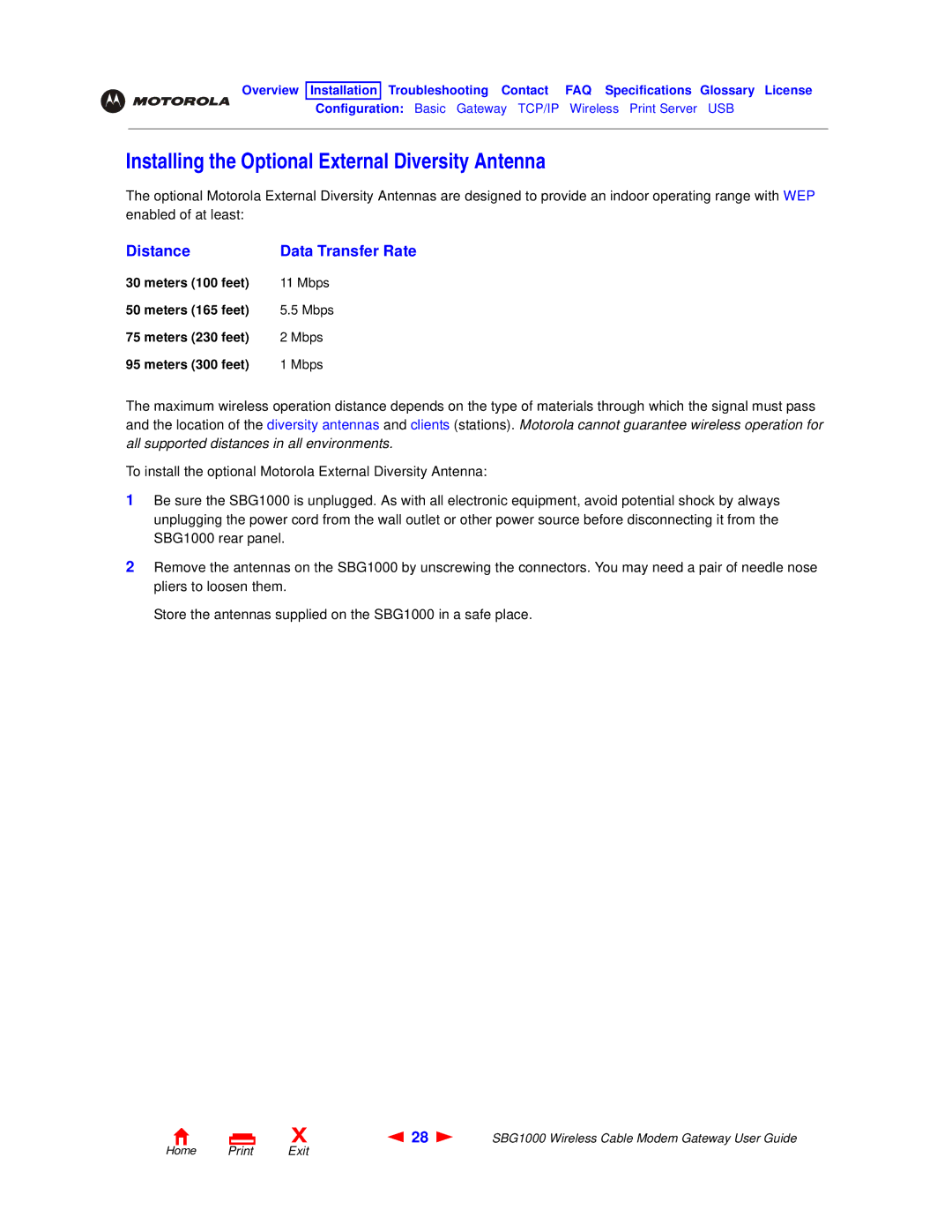 Motorola SBG1000 manual Installing the Optional External Diversity Antenna, Distance 