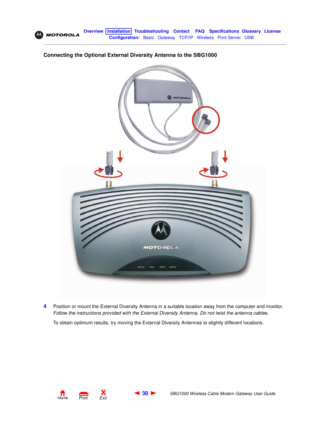 Motorola SBG1000 manual Home Print Exit 