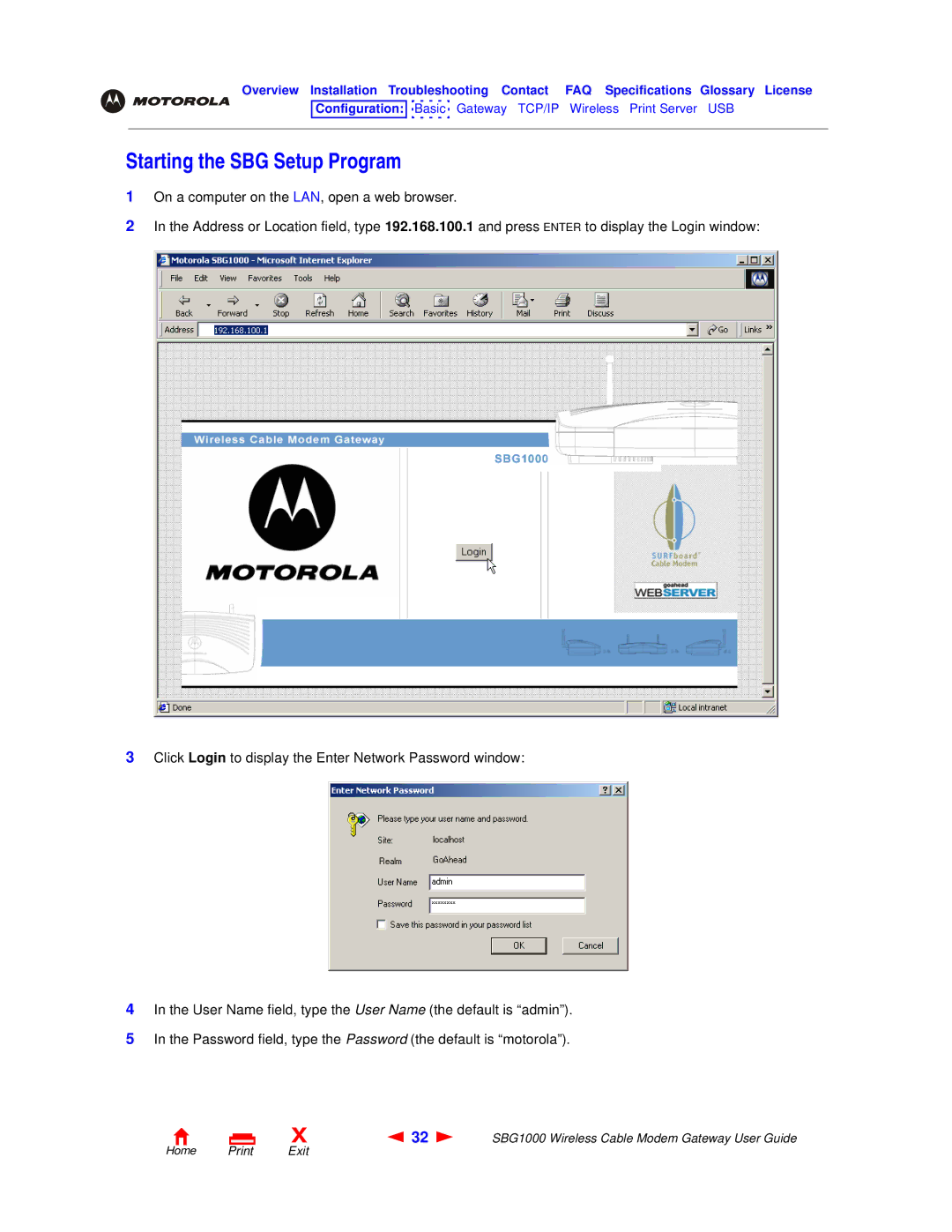 Motorola SBG1000 manual Starting the SBG Setup Program 