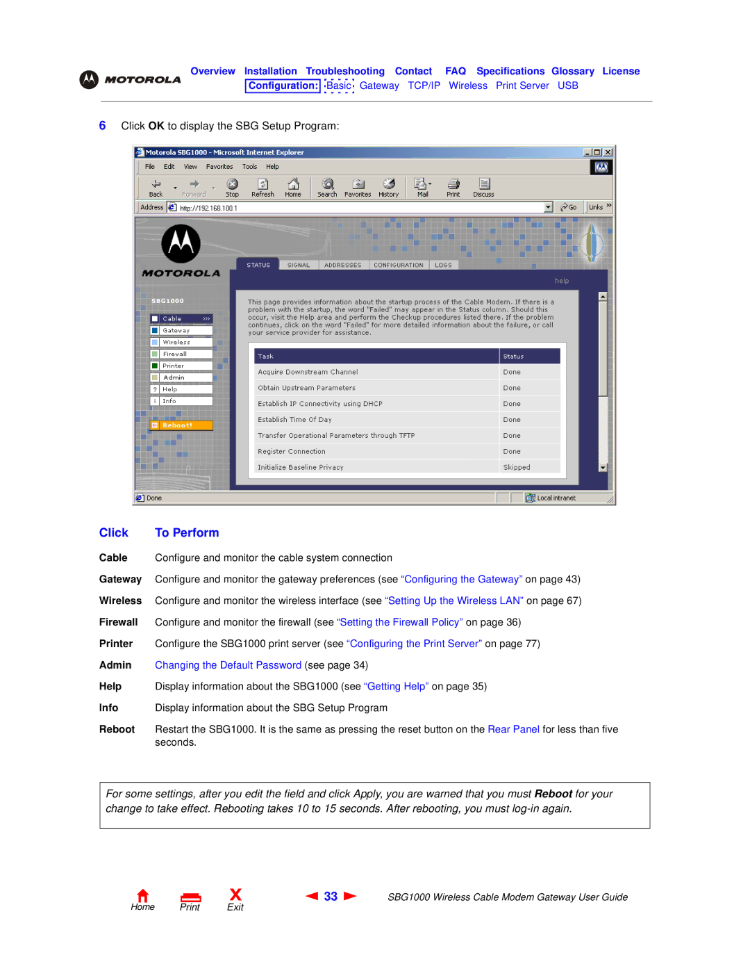 Motorola SBG1000 manual Click, To Perform 