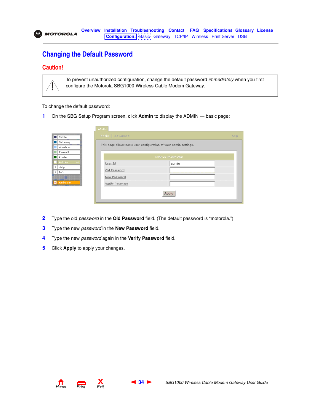 Motorola SBG1000 manual Changing the Default Password 