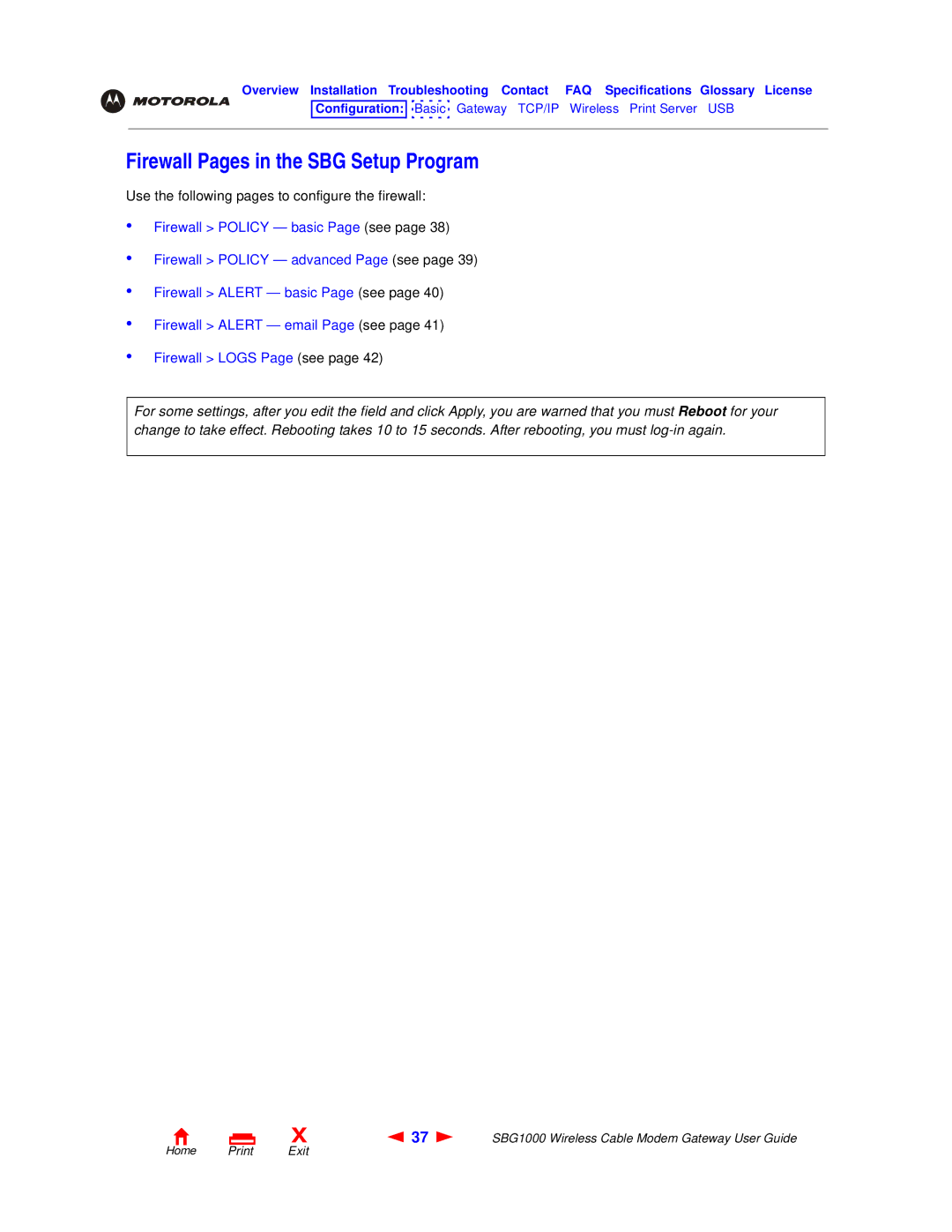 Motorola SBG1000 manual Firewall Pages in the SBG Setup Program 