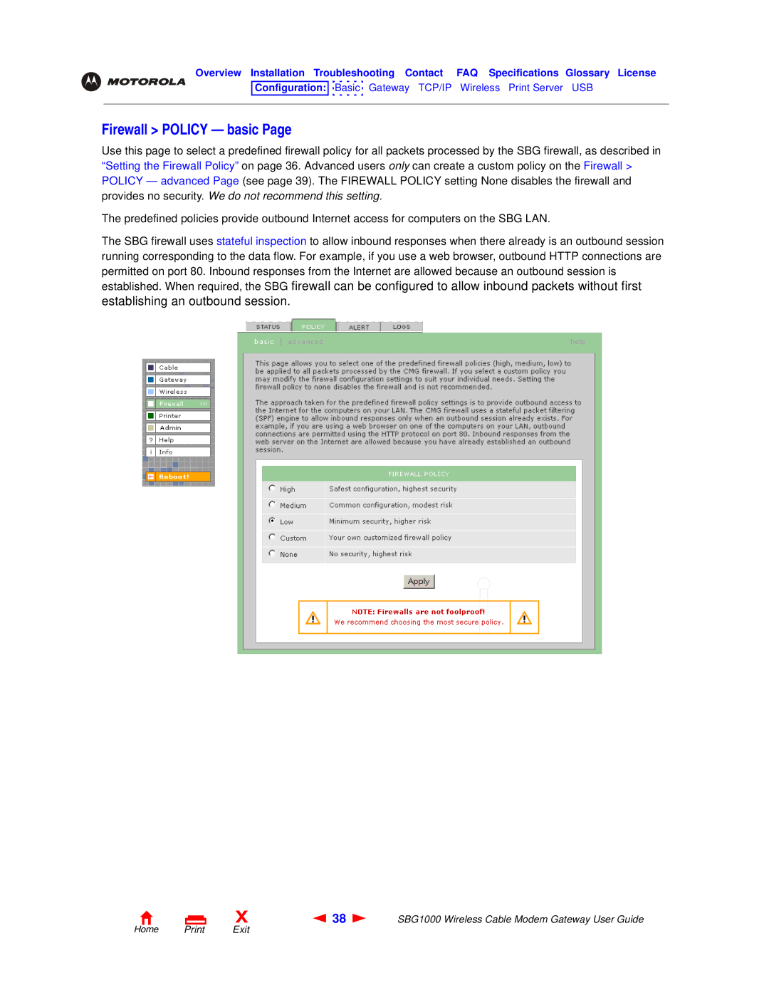 Motorola SBG1000 manual Firewall Policy basic, Establishing an outbound session 