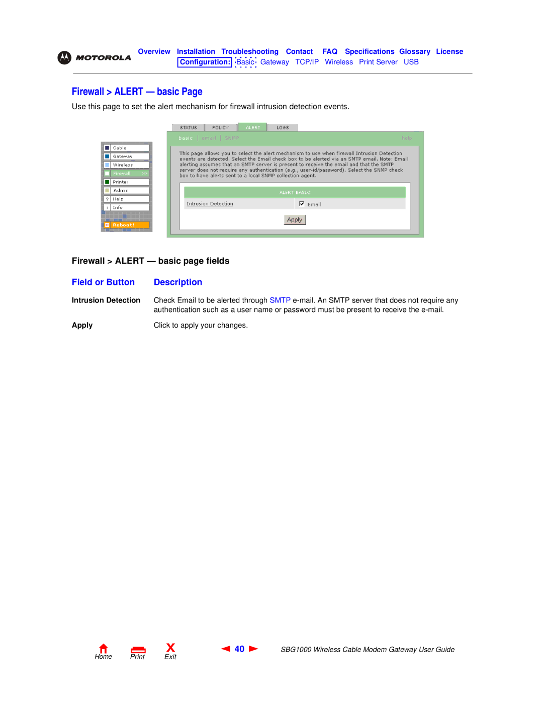 Motorola SBG1000 manual Firewall Alert basic, Field or Button Description, Apply Click to apply your changes 