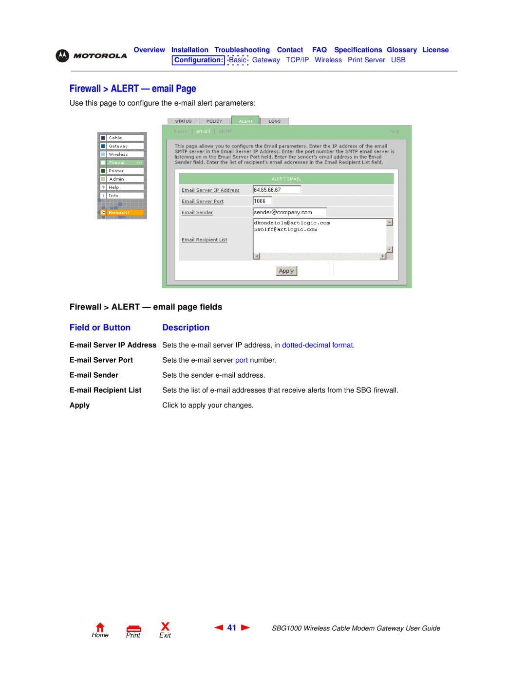 Motorola SBG1000 manual Firewall Alert email 