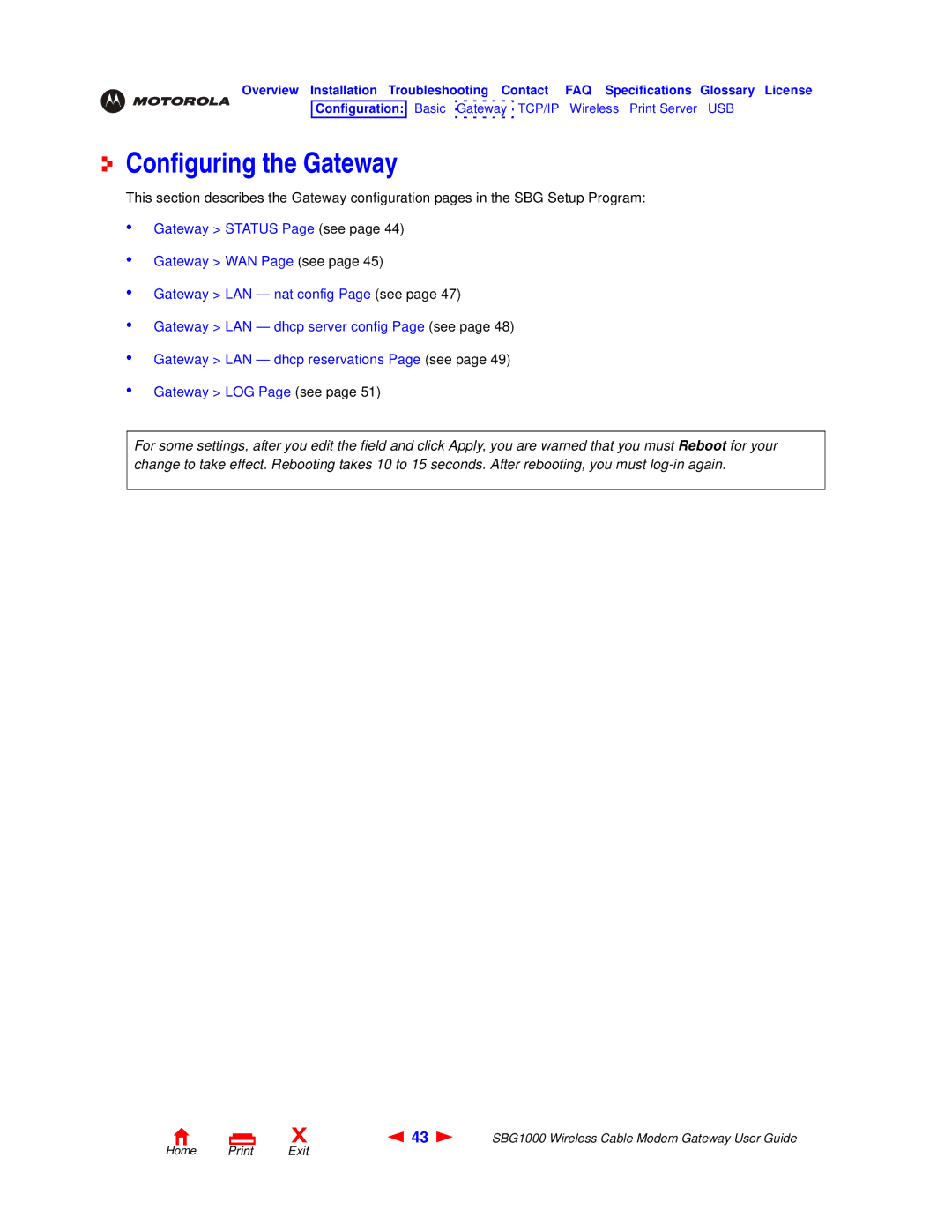 Motorola SBG1000 manual Configuring the Gateway 