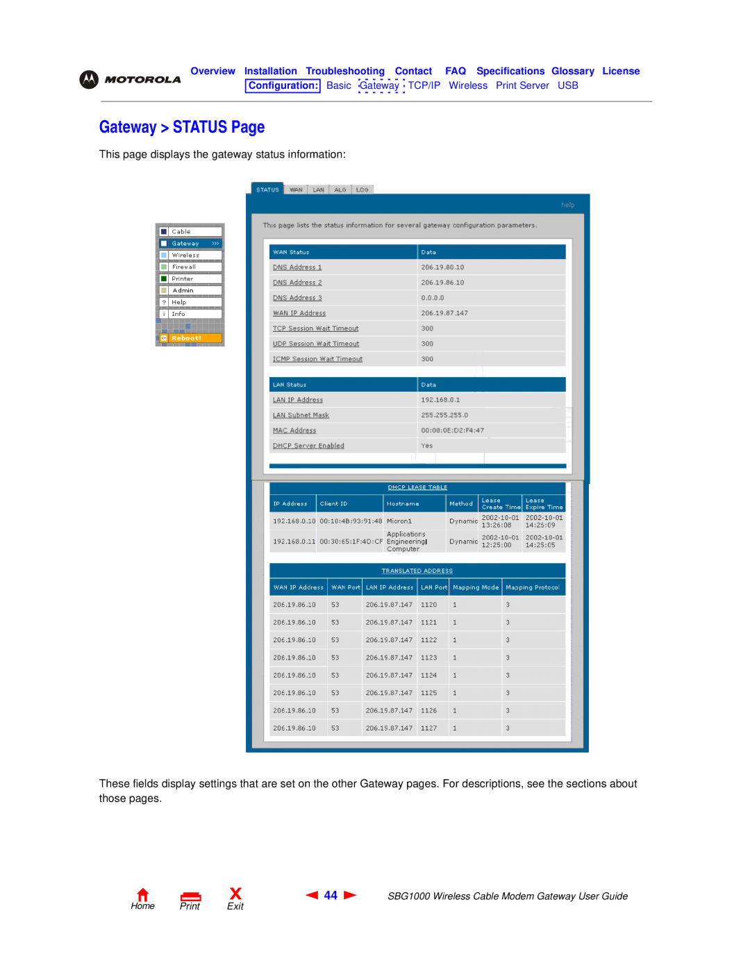 Motorola SBG1000 manual Gateway Status 