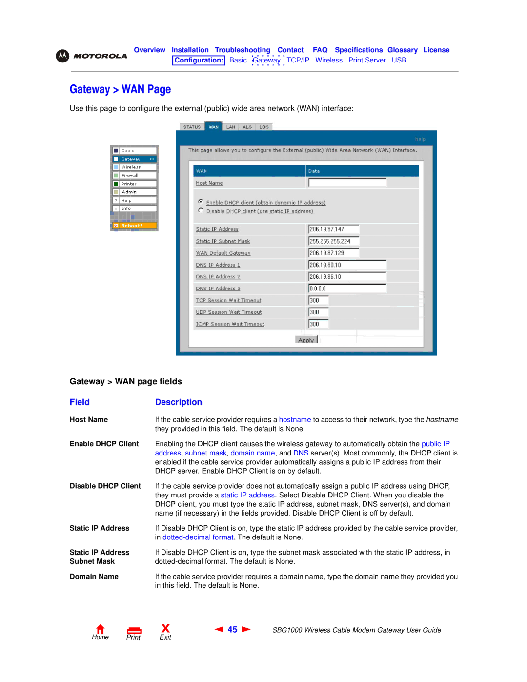 Motorola SBG1000 manual Gateway WAN 