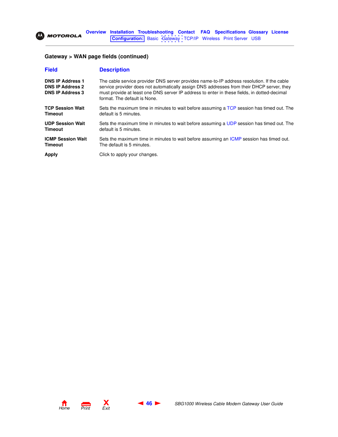 Motorola SBG1000 manual DNS IP Address, TCP Session Wait, Timeout, UDP Session Wait, Icmp Session Wait 