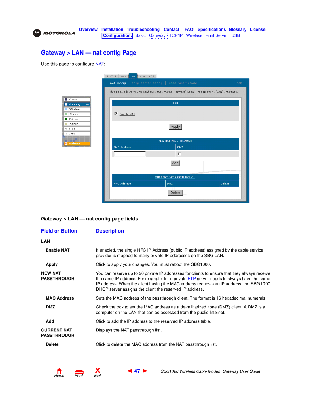 Motorola SBG1000 manual Gateway LAN nat config 