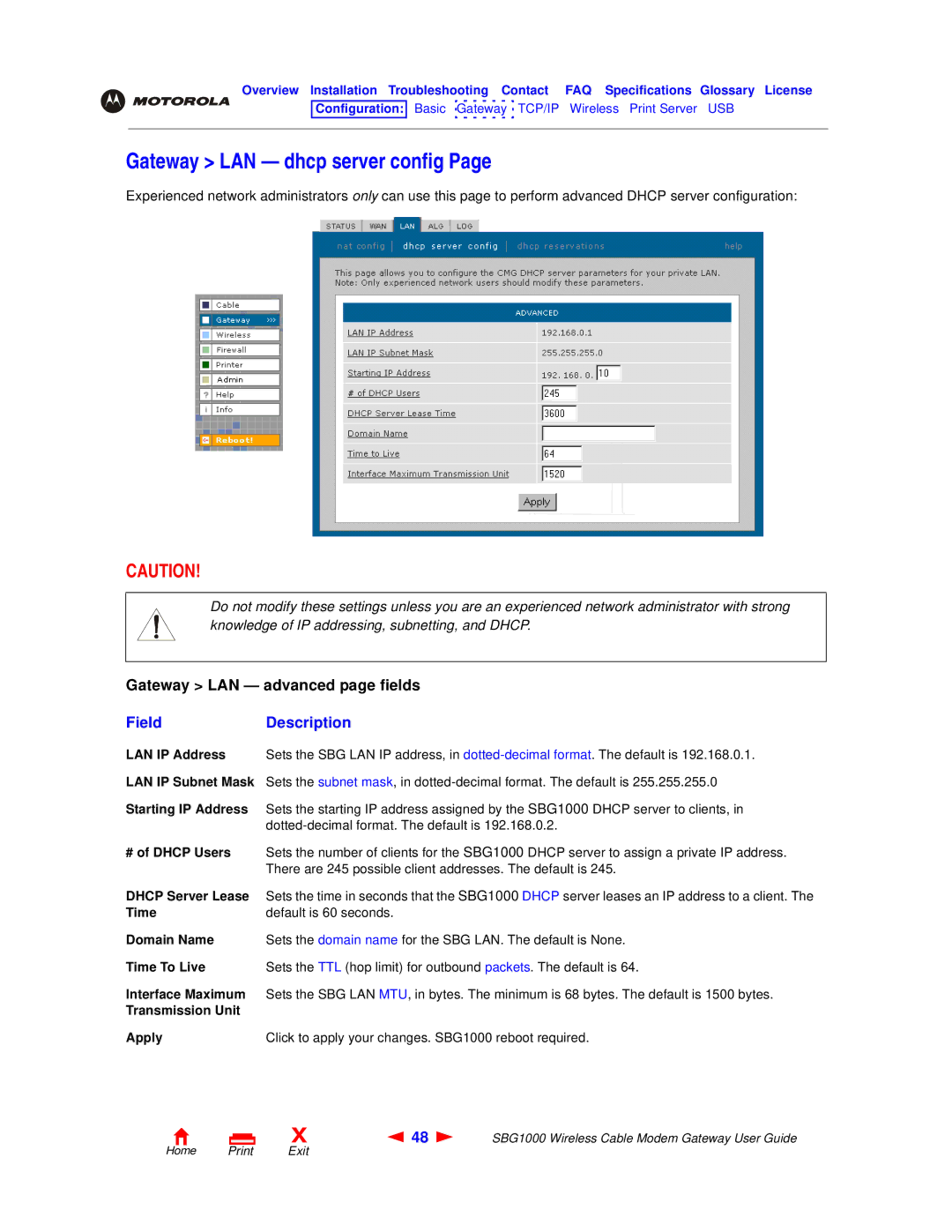 Motorola SBG1000 manual Gateway LAN dhcp server config, FieldDescription 