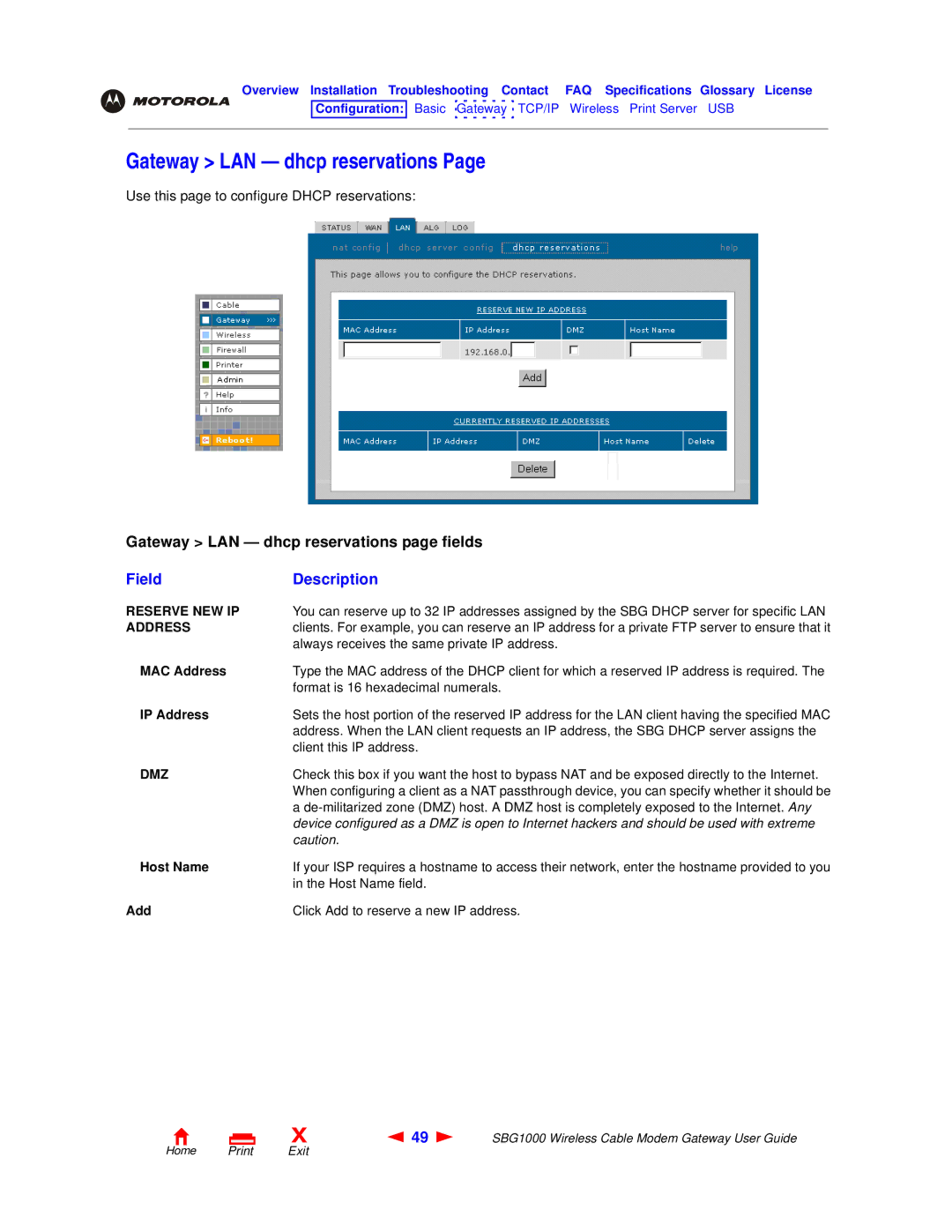 Motorola SBG1000 manual Gateway LAN dhcp reservations, Reserve NEW IP, IP Address 