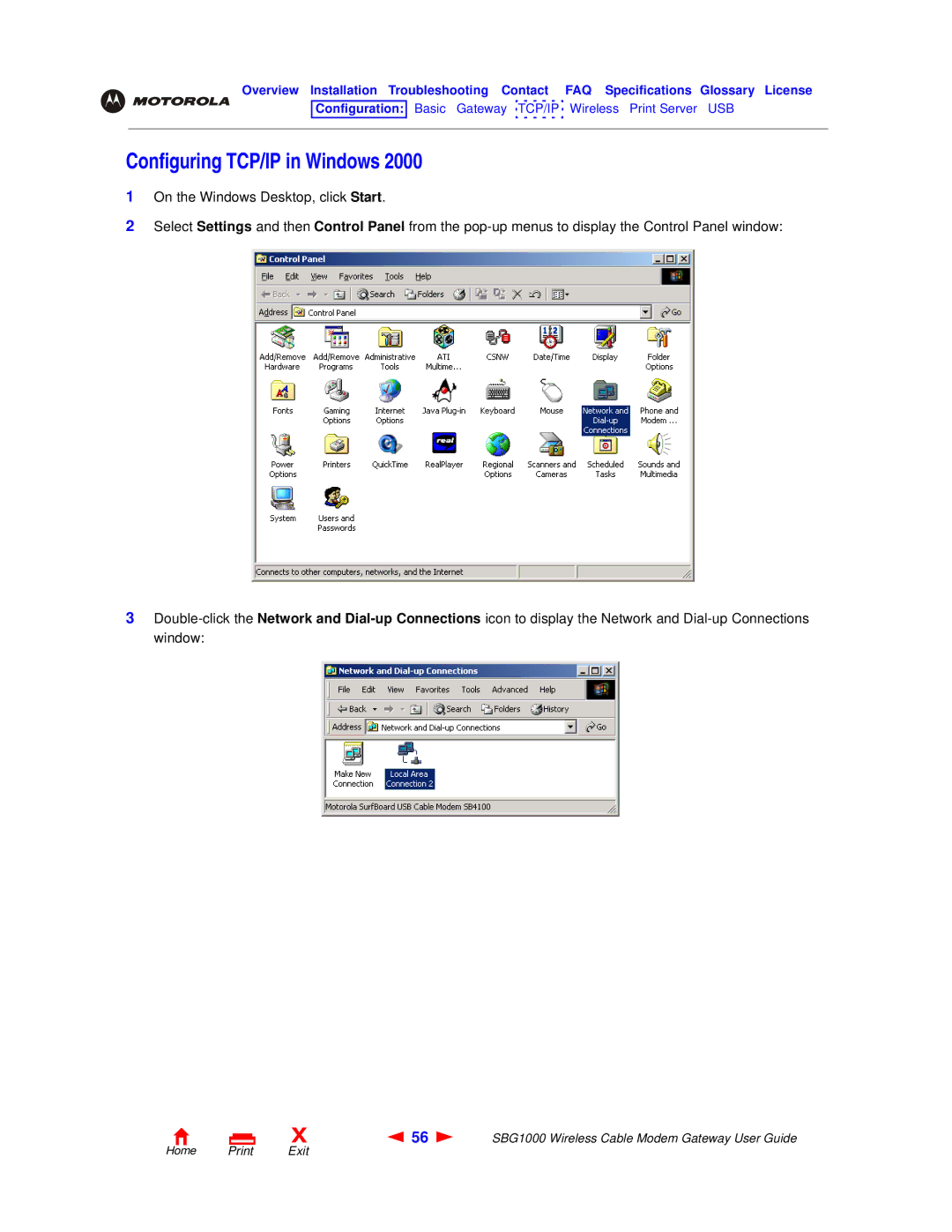 Motorola SBG1000 manual Configuring TCP/IP in Windows 