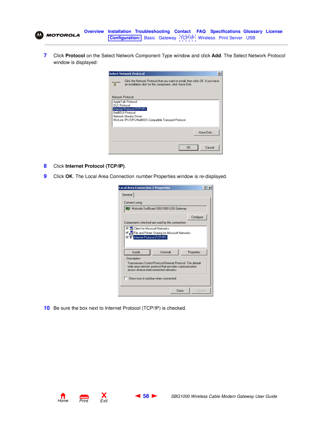 Motorola SBG1000 manual Click Internet Protocol TCP/IP 