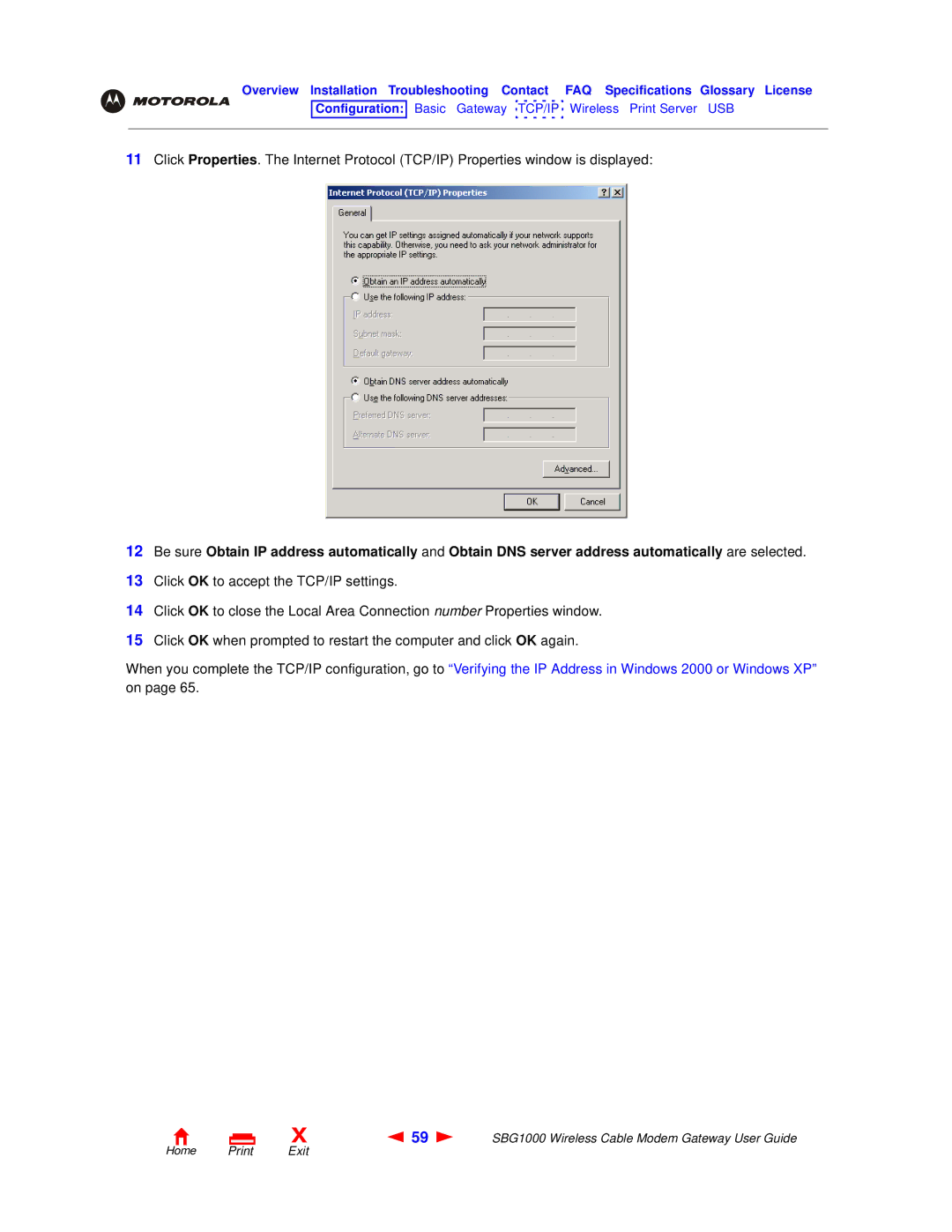 Motorola SBG1000 manual Home Print Exit 