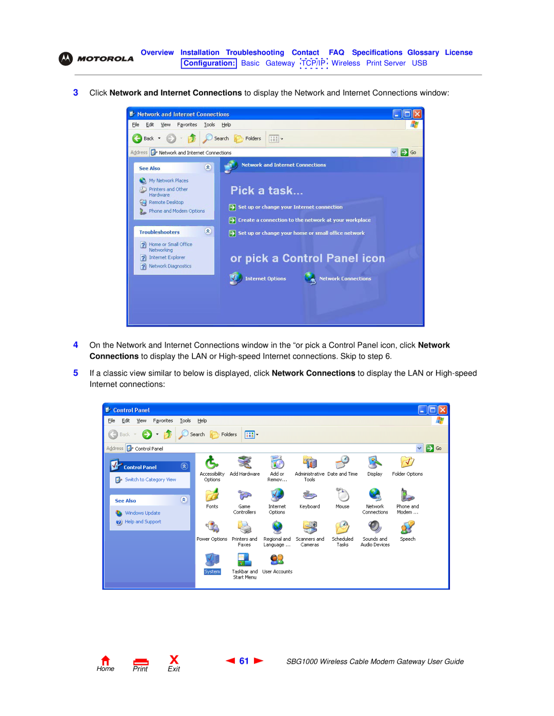 Motorola SBG1000 manual Home Print Exit 