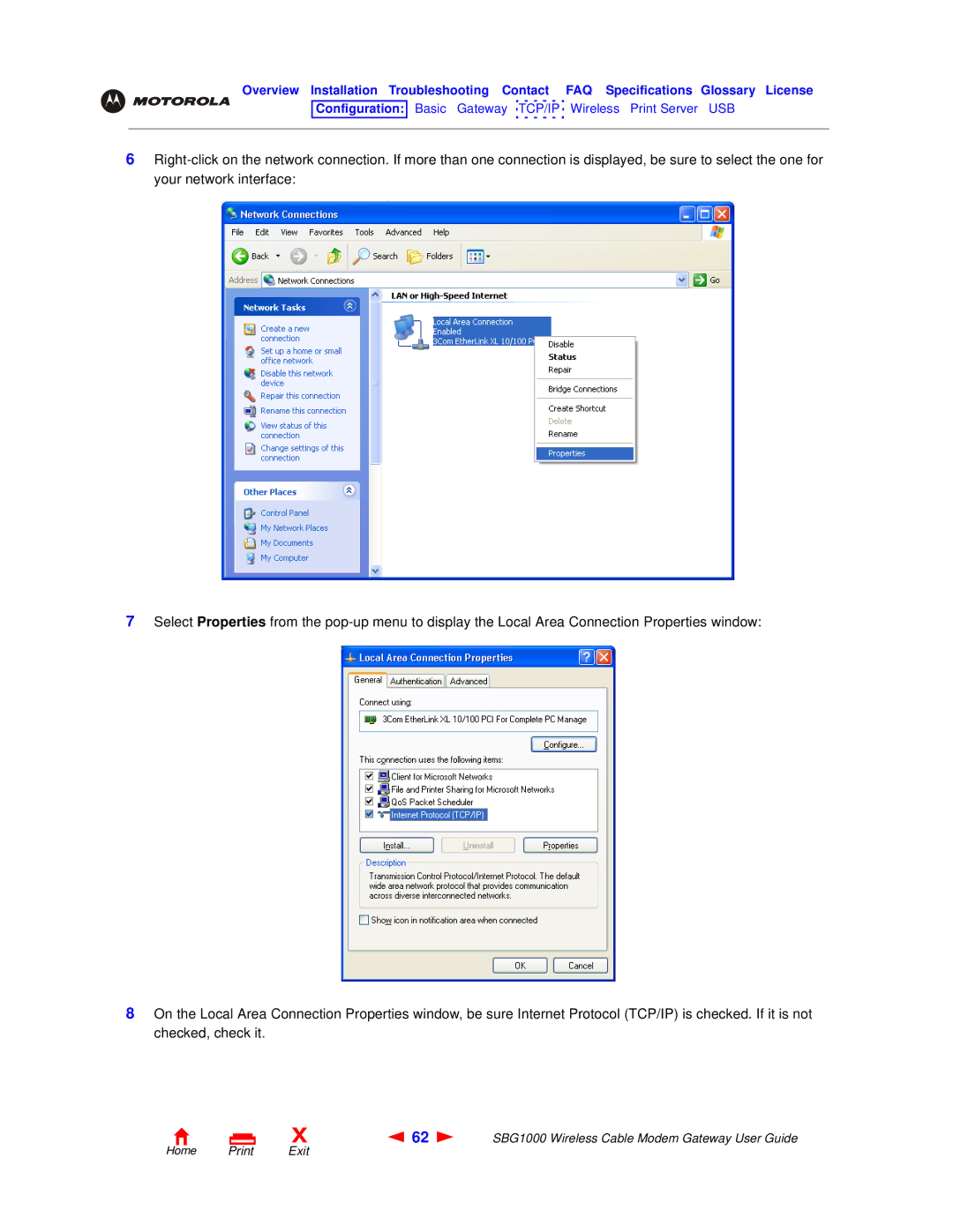 Motorola SBG1000 manual Home Print Exit 