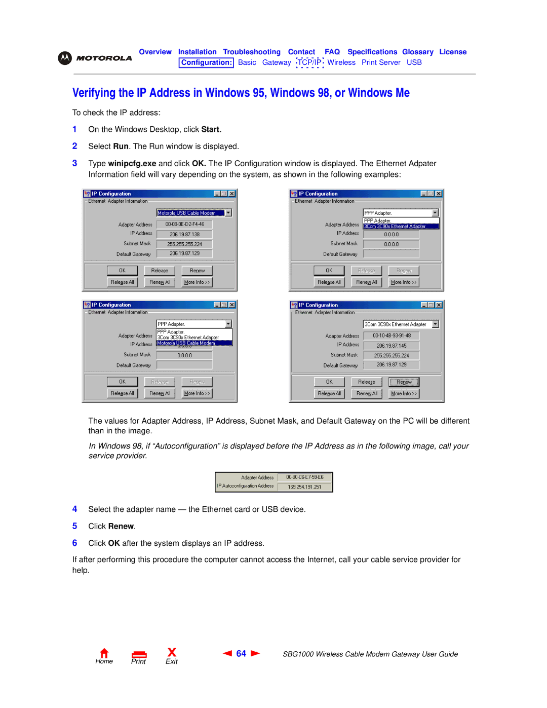 Motorola SBG1000 manual Home Print Exit 