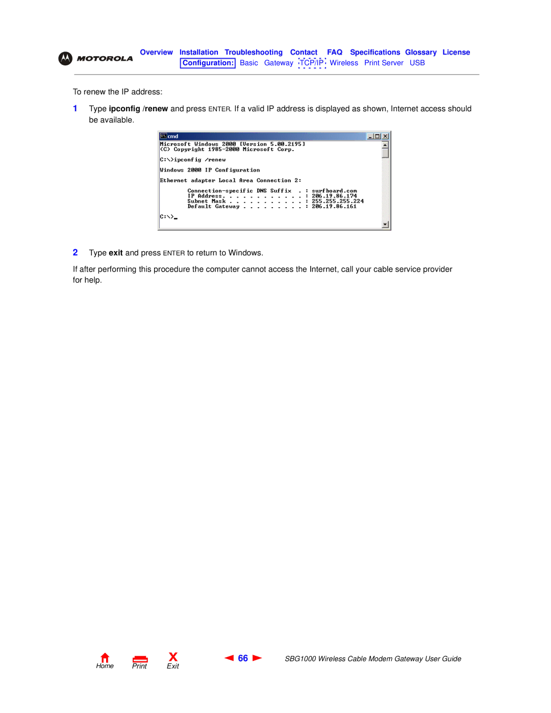 Motorola SBG1000 manual Home Print Exit 