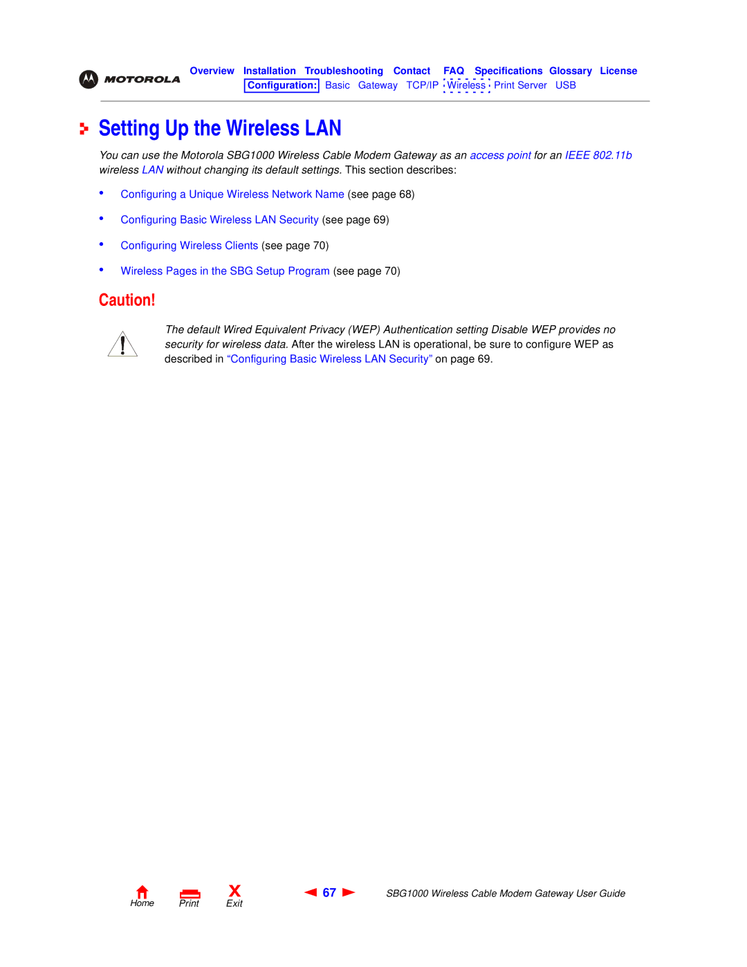 Motorola SBG1000 manual Setting Up the Wireless LAN 