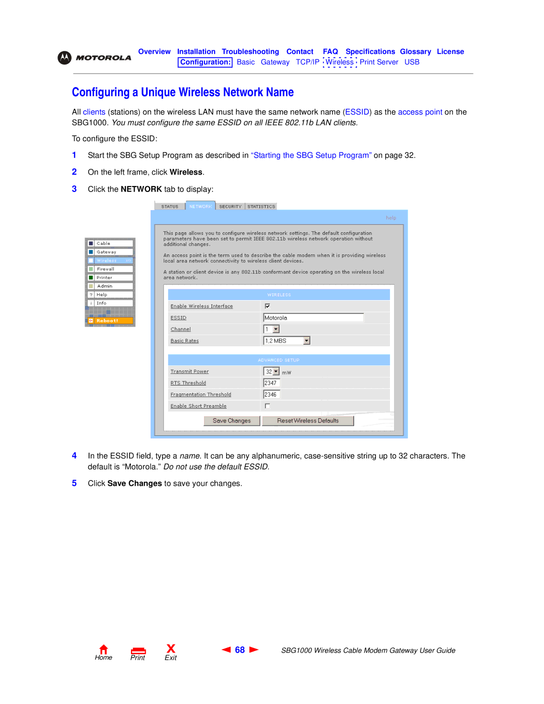 Motorola SBG1000 manual Configuring a Unique Wireless Network Name 