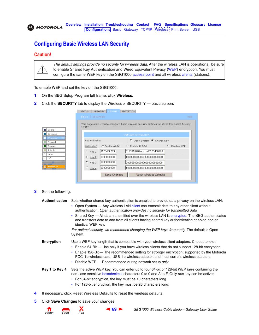 Motorola SBG1000 manual Configuring Basic Wireless LAN Security 