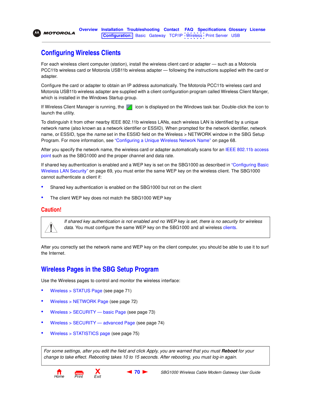 Motorola SBG1000 manual Configuring Wireless Clients, Wireless Pages in the SBG Setup Program 