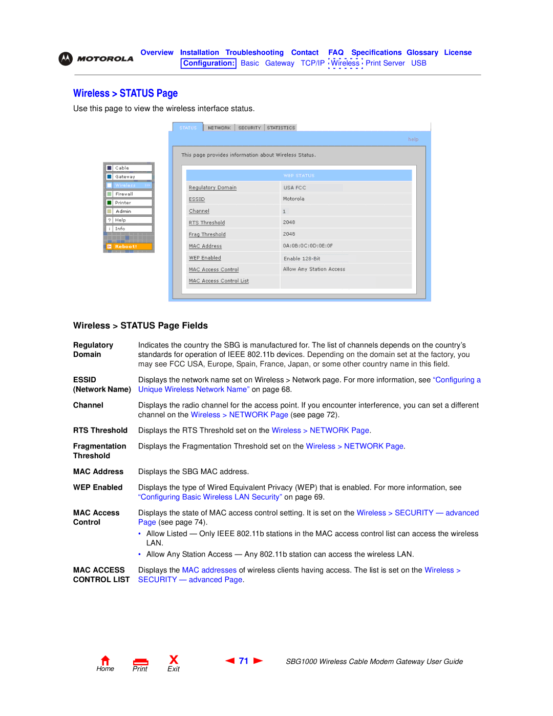 Motorola SBG1000 manual Wireless Status, Essid, MAC Access, Control List 