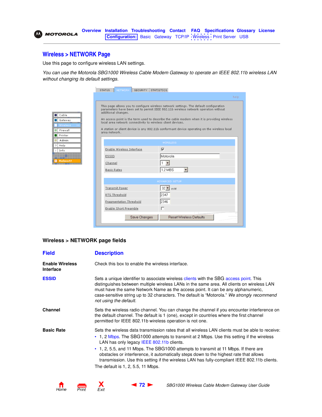 Motorola SBG1000 manual Wireless Network, Enable Wireless, Interface, Basic Rate 