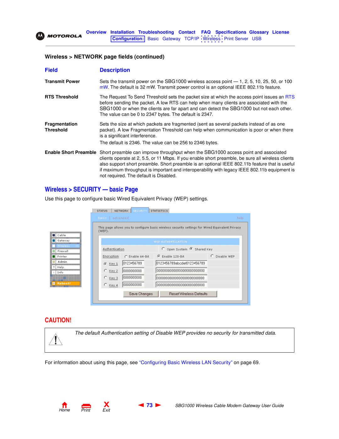Motorola SBG1000 manual Wireless Security basic, Transmit Power, Threshold 