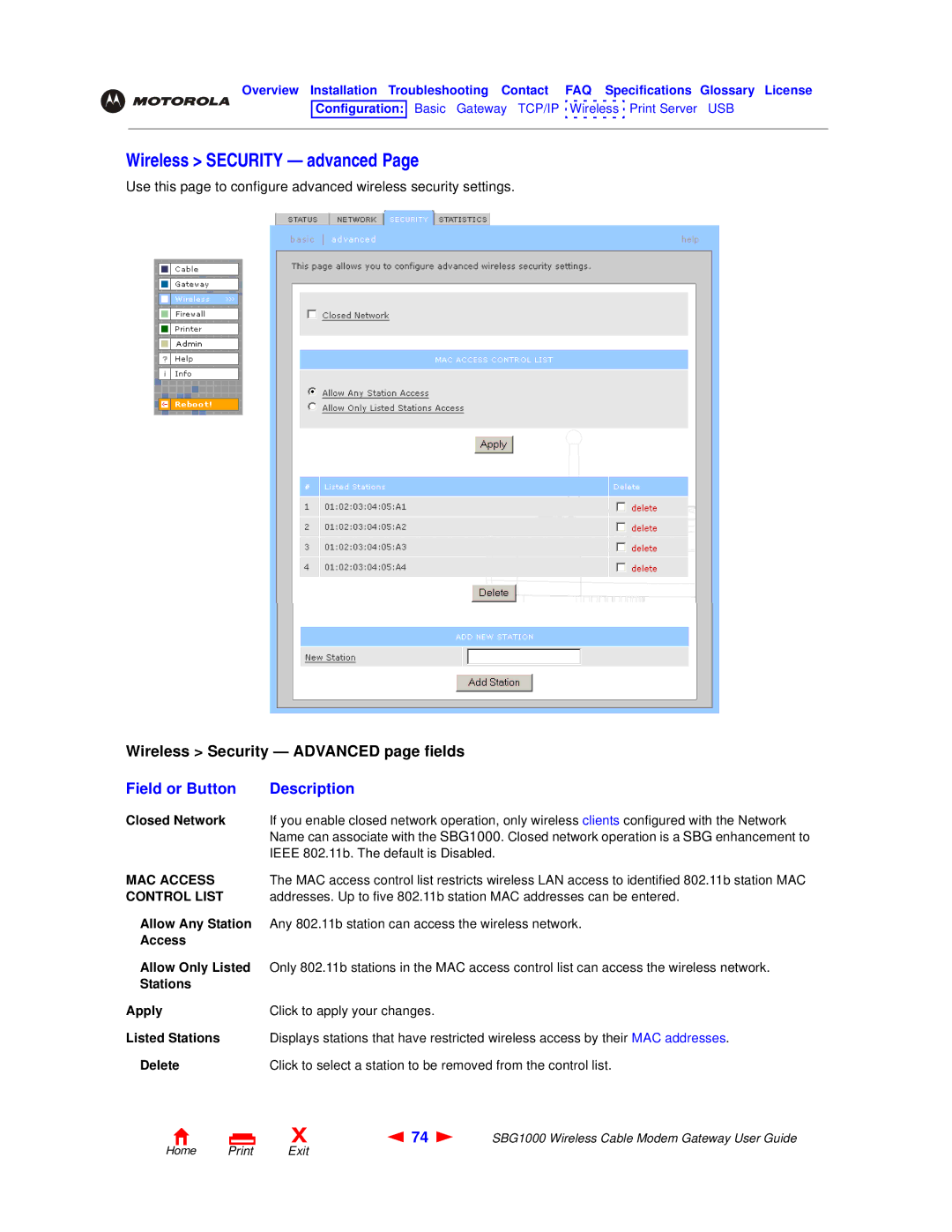 Motorola SBG1000 manual Wireless Security advanced 