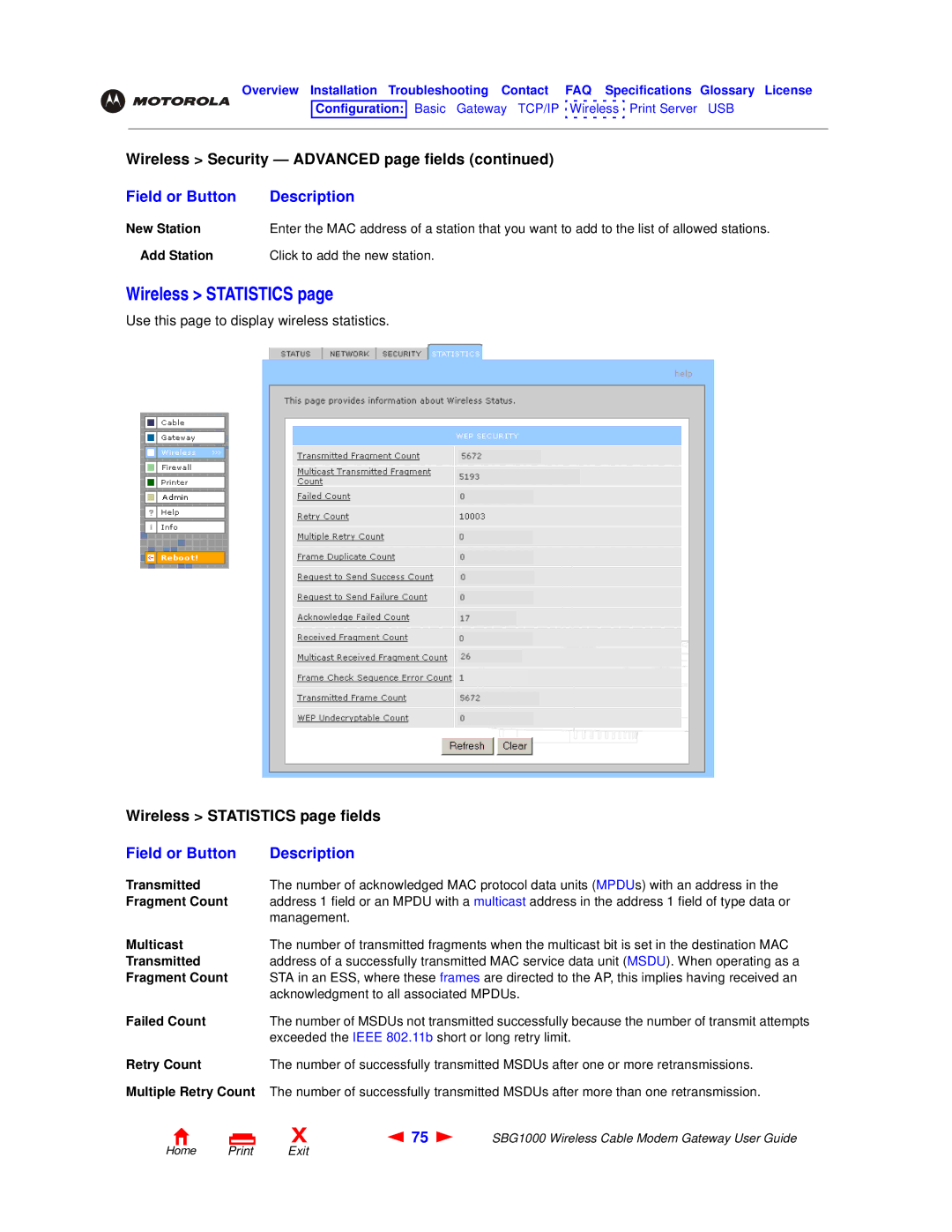 Motorola SBG1000 manual Wireless Statistics 