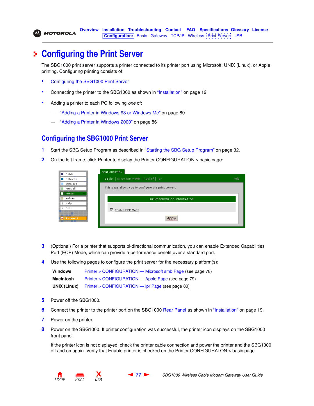 Motorola manual Configuring the Print Server, Configuring the SBG1000 Print Server 