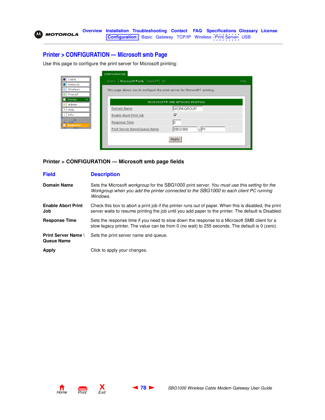 Motorola SBG1000 manual Printer Configuration Microsoft smb, Enable Abort Print, Job, Response Time, Queue Name Apply 