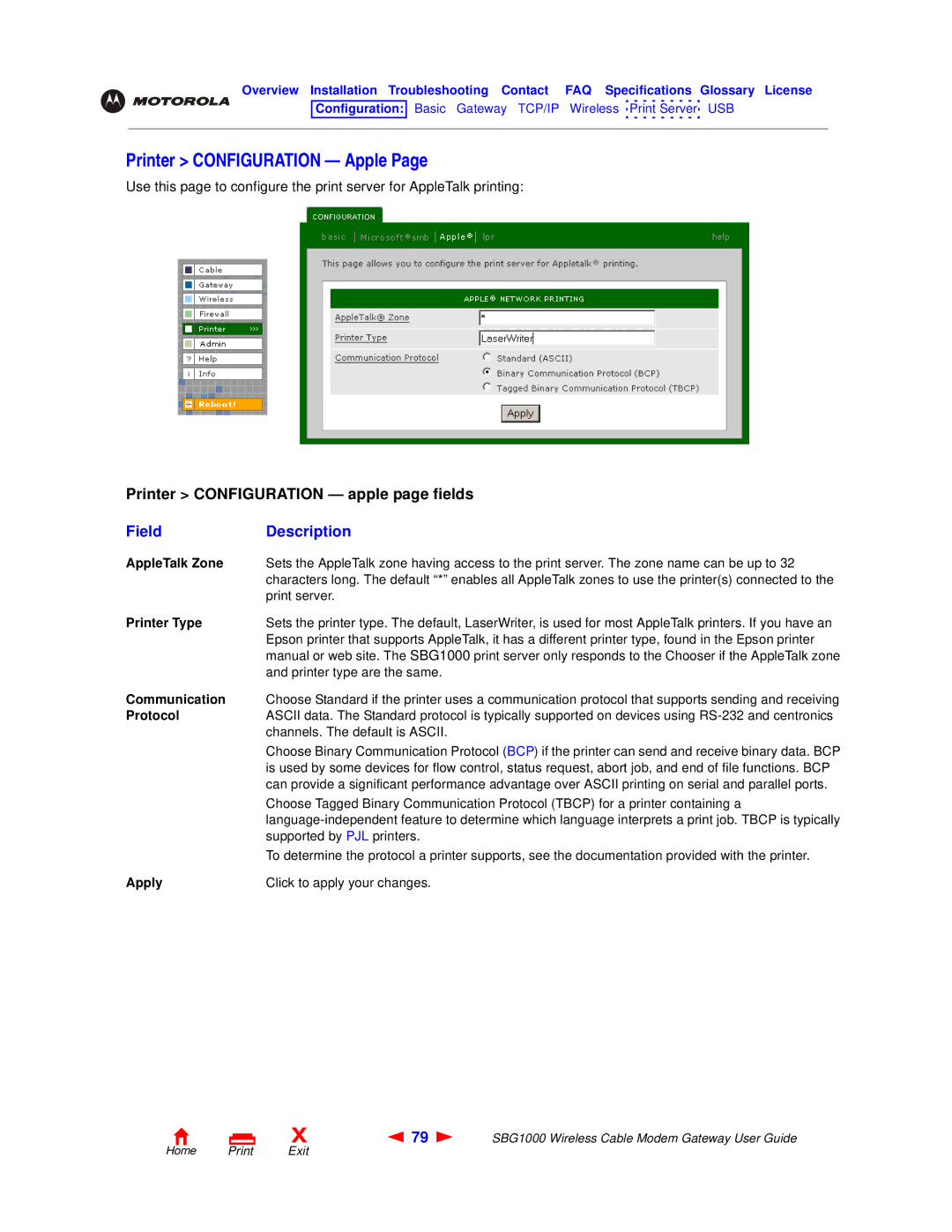 Motorola SBG1000 manual Printer Configuration Apple, AppleTalk Zone, Printer Type, Communication, Protocol 