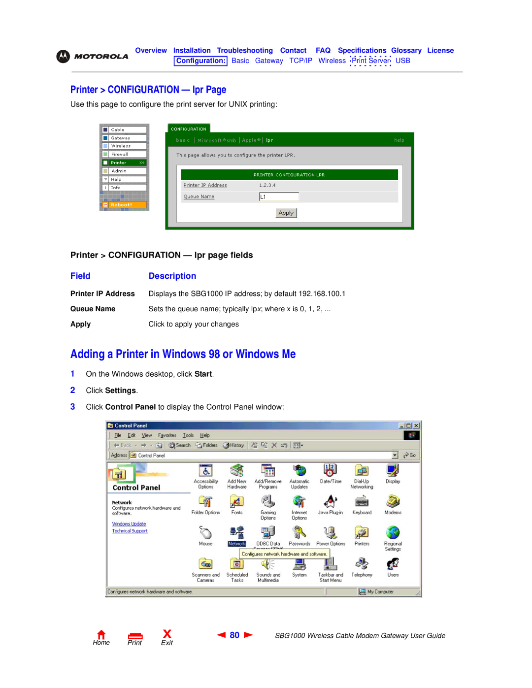Motorola SBG1000 manual Adding a Printer in Windows 98 or Windows Me, Printer Configuration lpr, Click Settings, Queue Name 